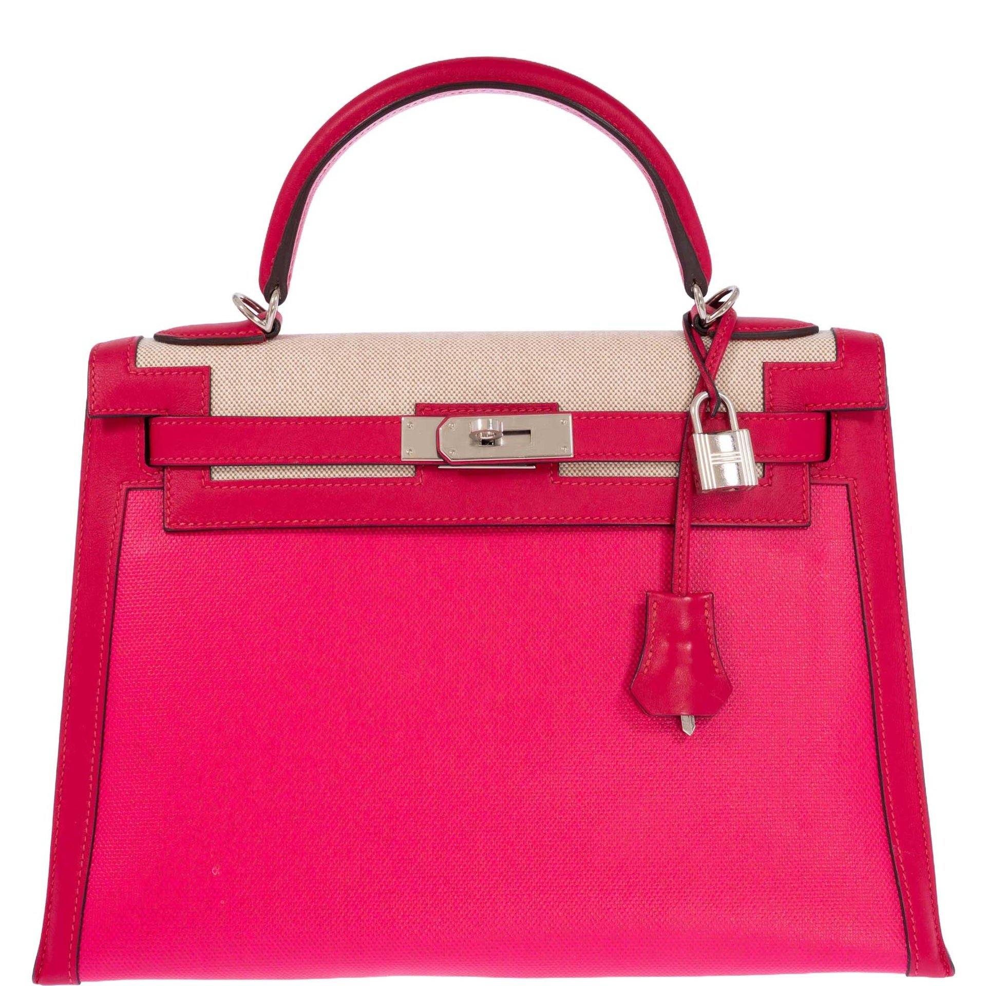 Hermes Hermès Kelly Sellier 32 Rose Shocking & Écru-Beige Toile & Framboise Leather Palladium Hardware