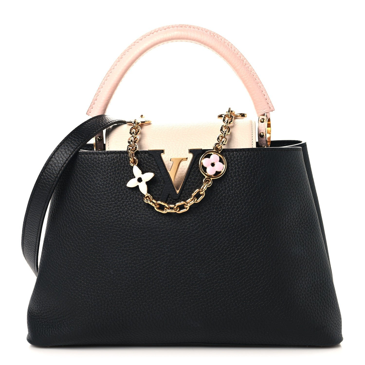 Louis Vuitton Taurillon Flower Chain Capucines MM Black Cream Pink