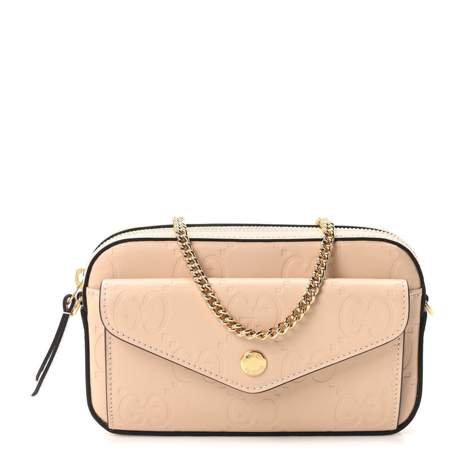 Gucci Calfskin GG Super Mini Debossed Chain Wallet Light Beige