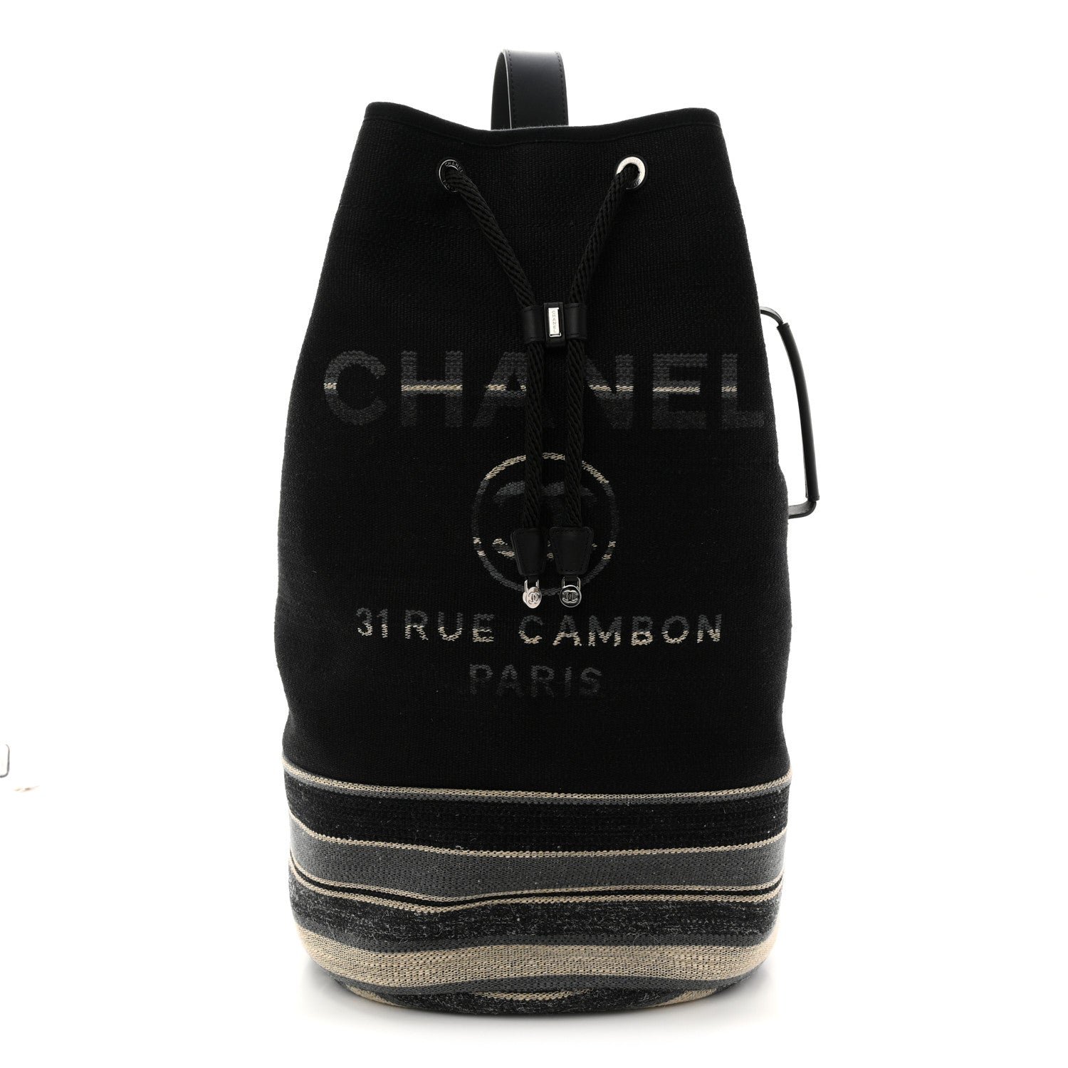 Chanel Striped Canvas Deauville Drawstring Backpack Black