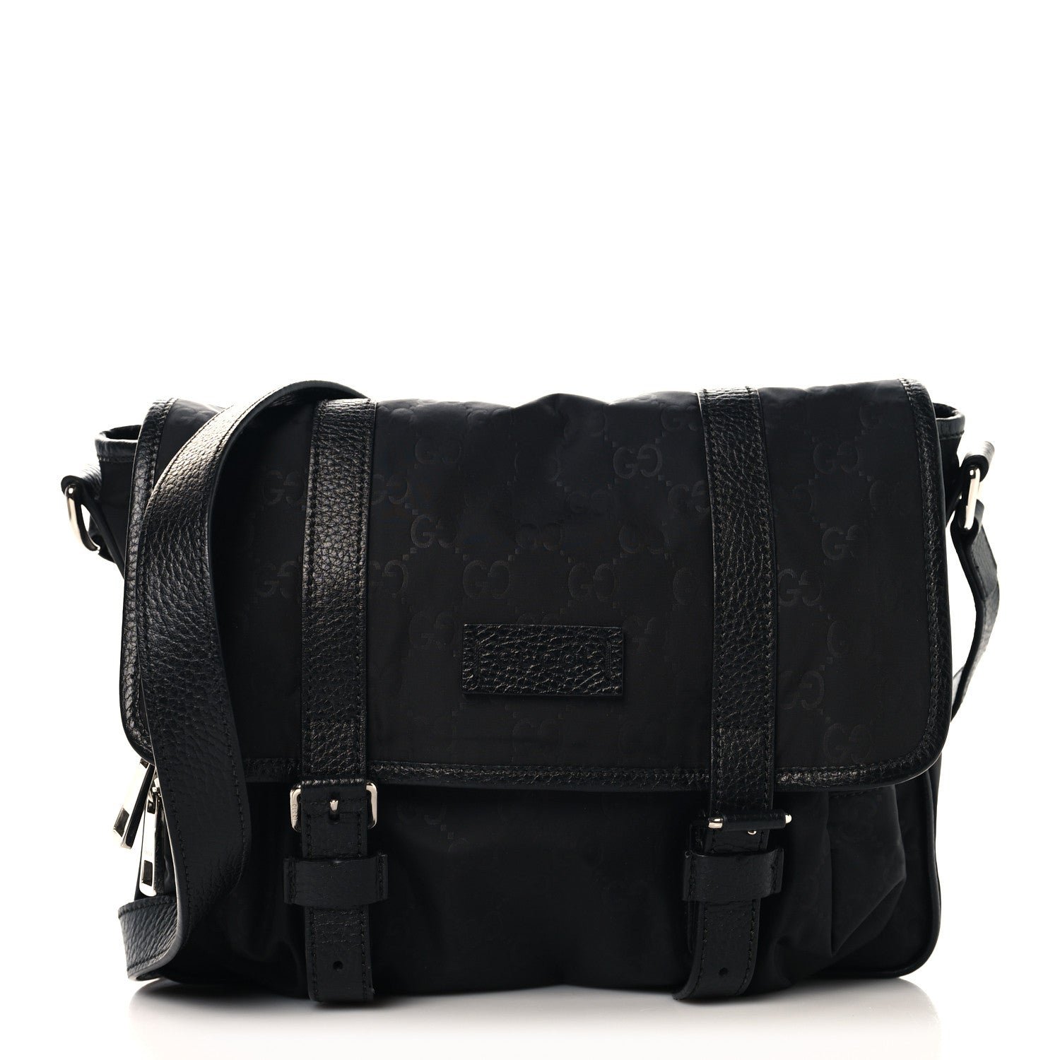 Gucci Nylon Monogram Double Buckle Flap Messenger Bag Black