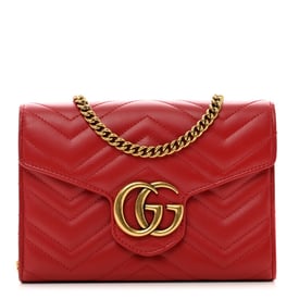 Gucci Calfskin Matelasse GG Marmont Chain Wallet Hibiscus Red