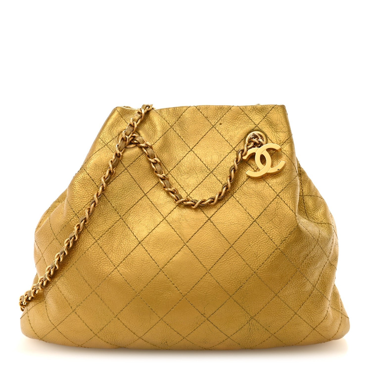 Chanel Metallic Calfskin Quilted Small Drawstring Bag Gold