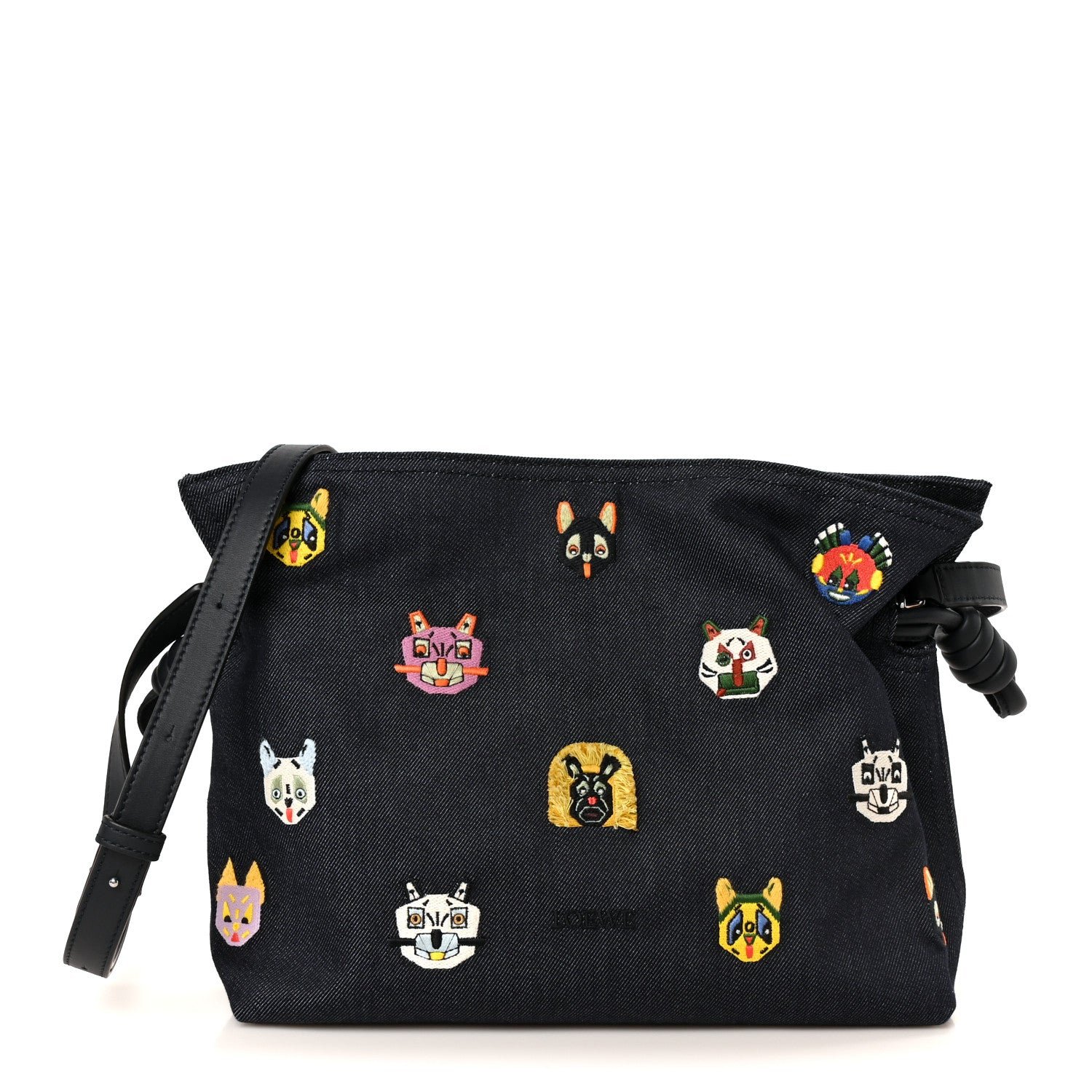Loewe X Louis Wain Denim Embroidered Futurist Cats Medium Flamenco Knot Clutch Blue