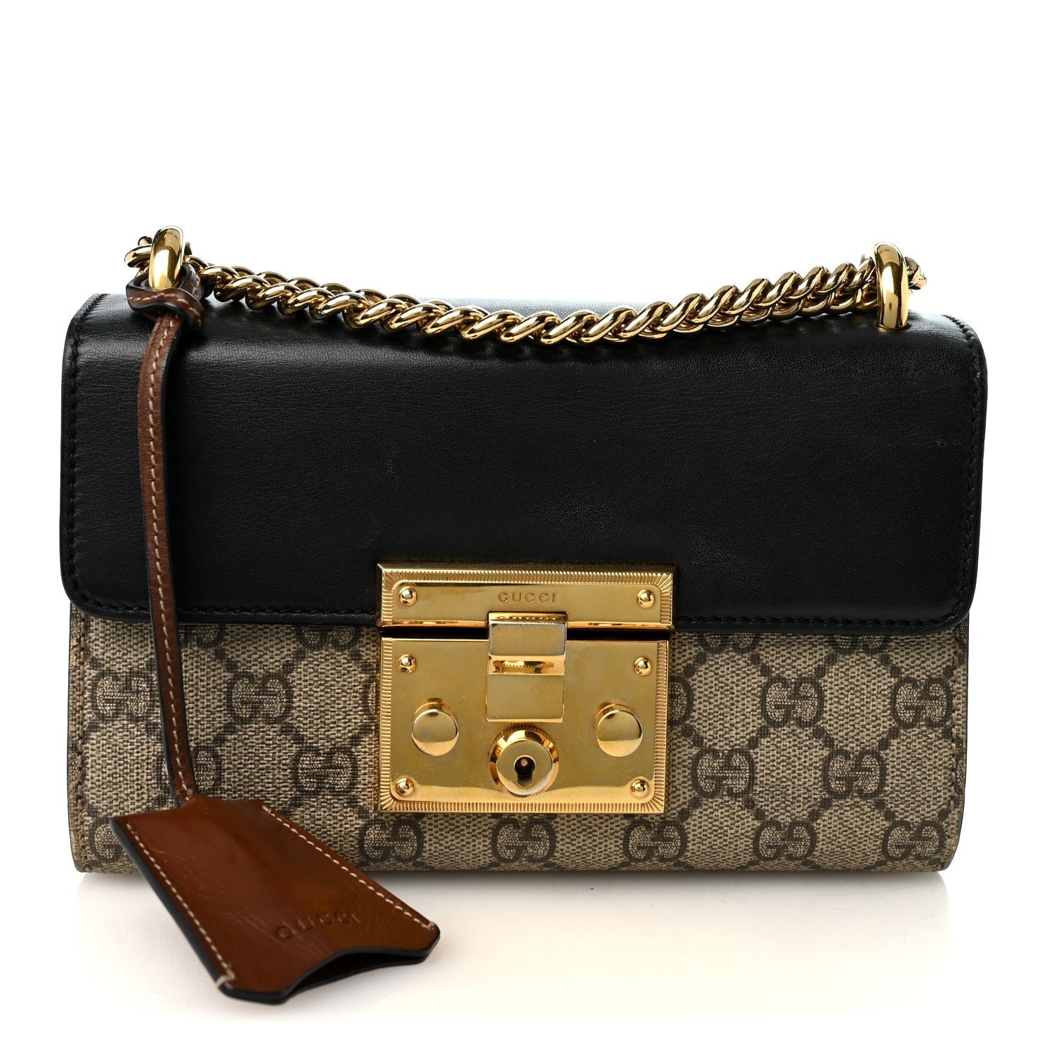 Gucci GG Supreme Monogram Calfskin Small Padlock Shoulder Bag Beige Black Cuir