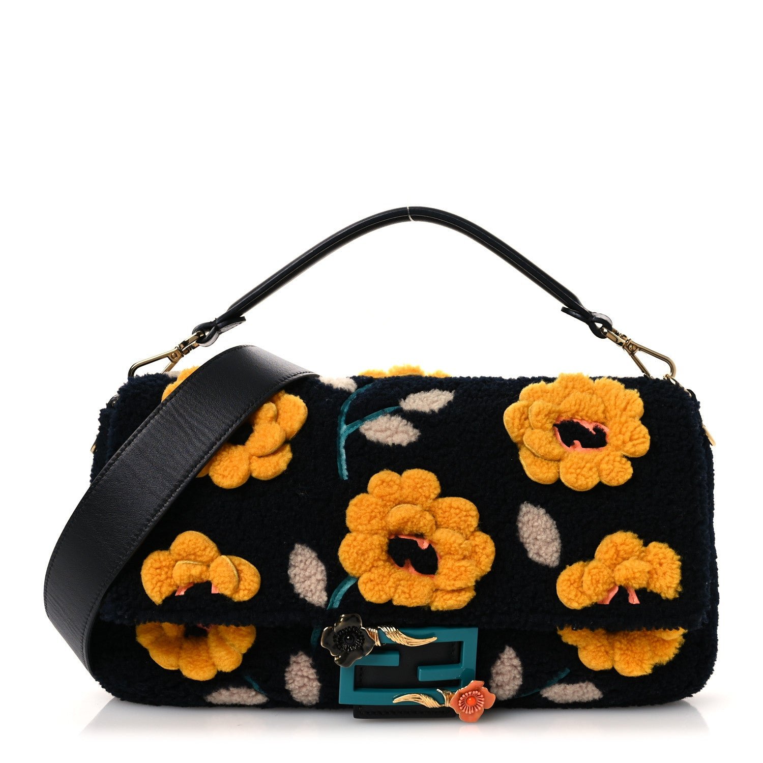 Fendi Shearling Vitello Dolce Flowers Large Baguette Blue Multicolor