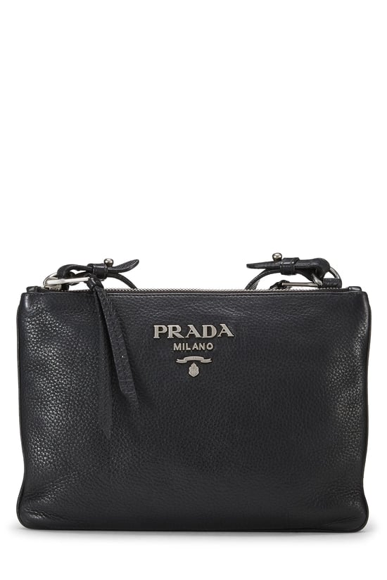 Black Vitello Daino Double Zip Crossbody Bag