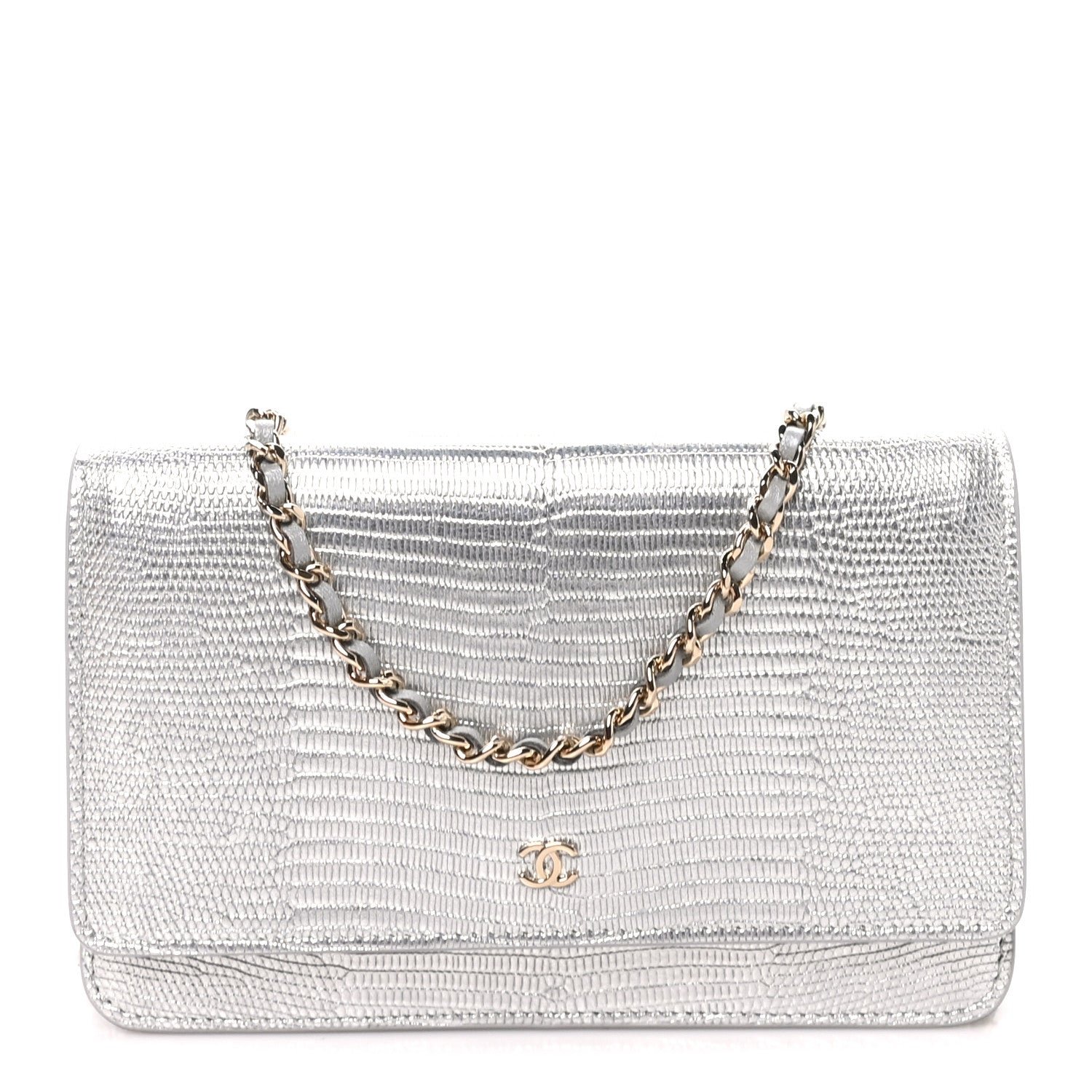 Chanel Calfskin Lizard Embossed Wallet on Chain WOC Silver
