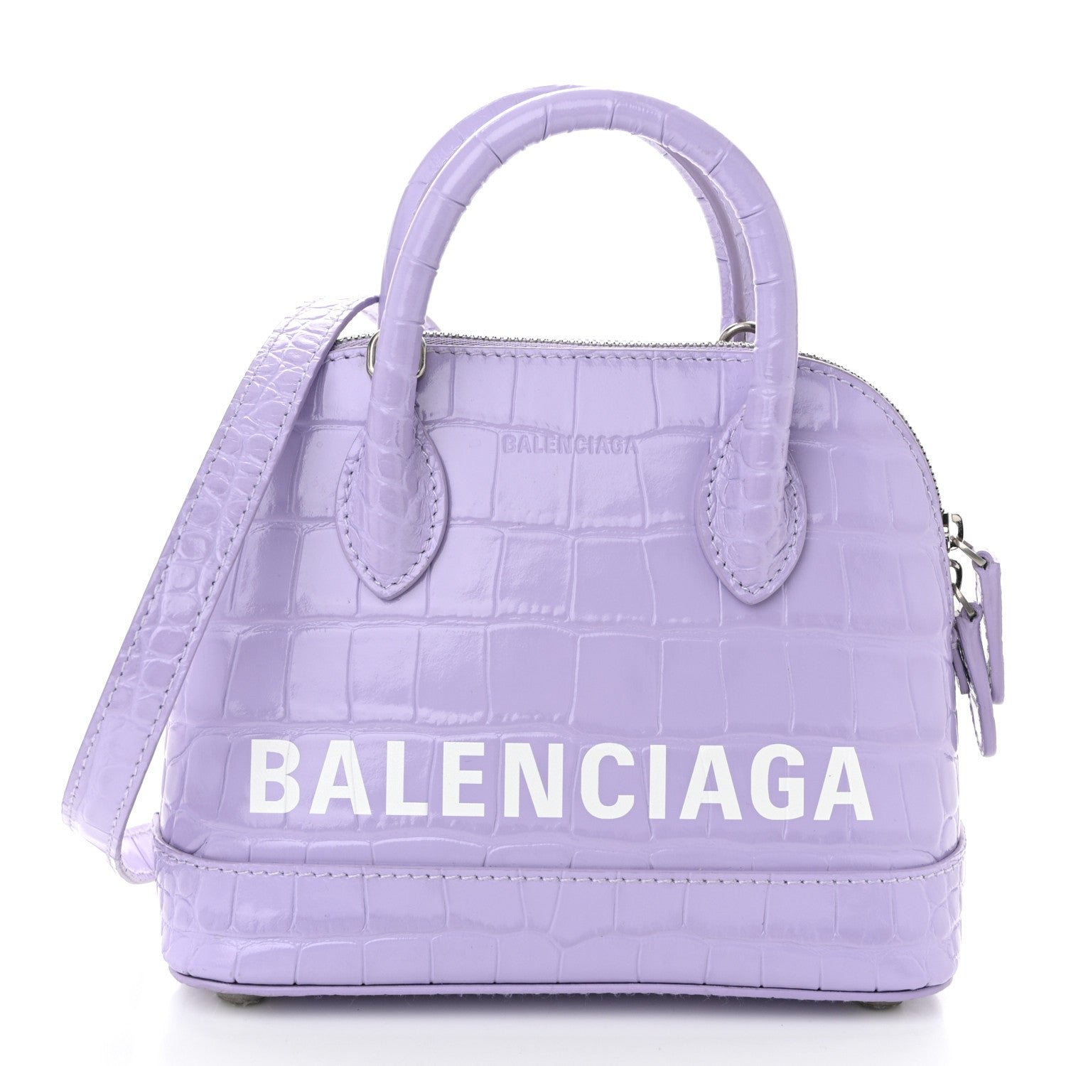 Balenciaga Shiny Calfskin Logo Crocodile Embossed XXS Ville Top Handle Bag Lilac White