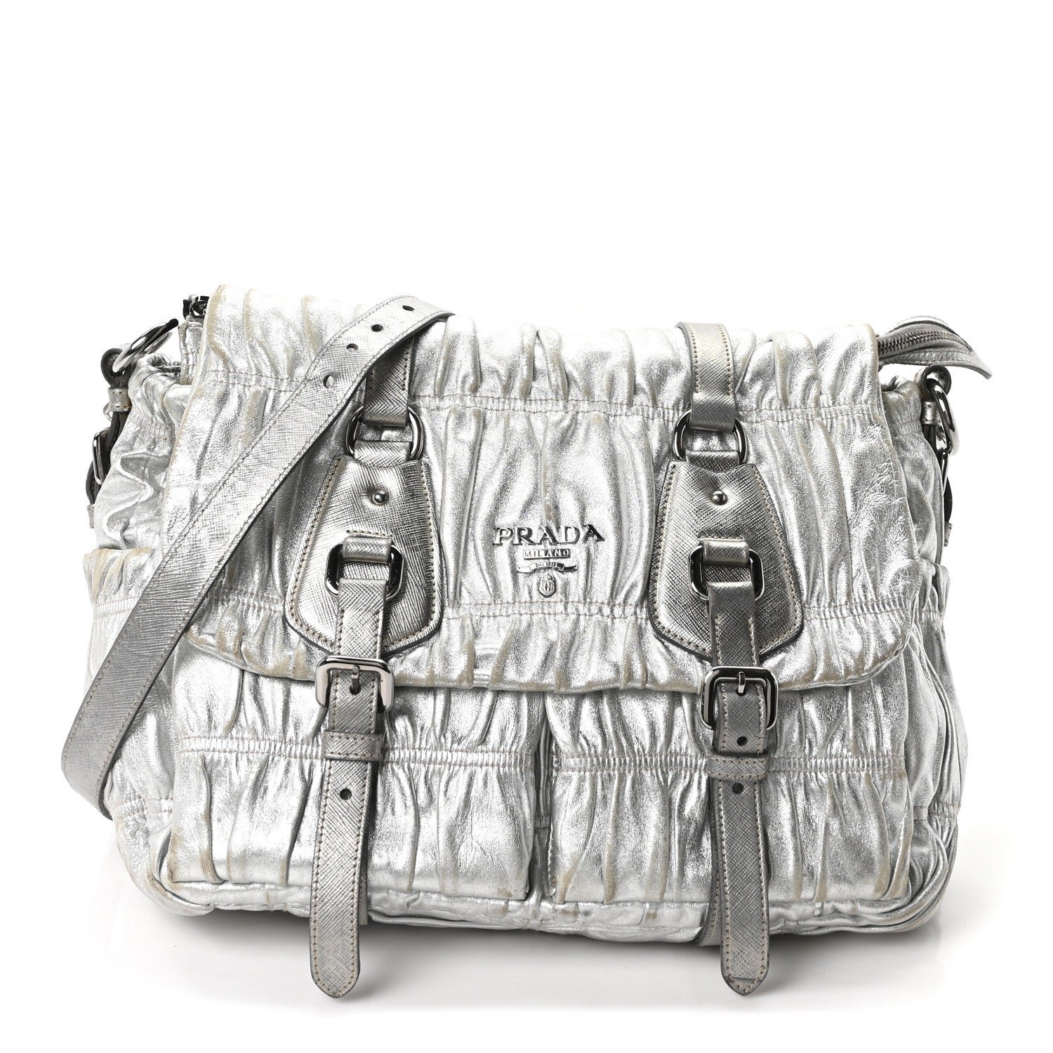 Prada Metallic Nappa Gaufre Messenger Tote Argento