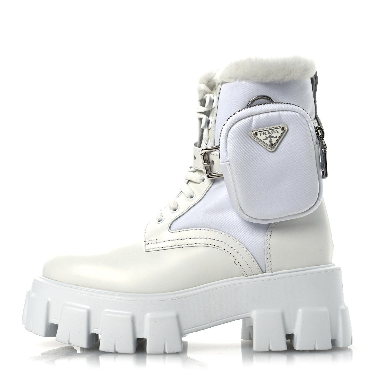 Prada Spazzolato Rois Nylon Shearling Metal Triangle Logo Monolith Pouch Pocket 55mm Boots 35.5 White