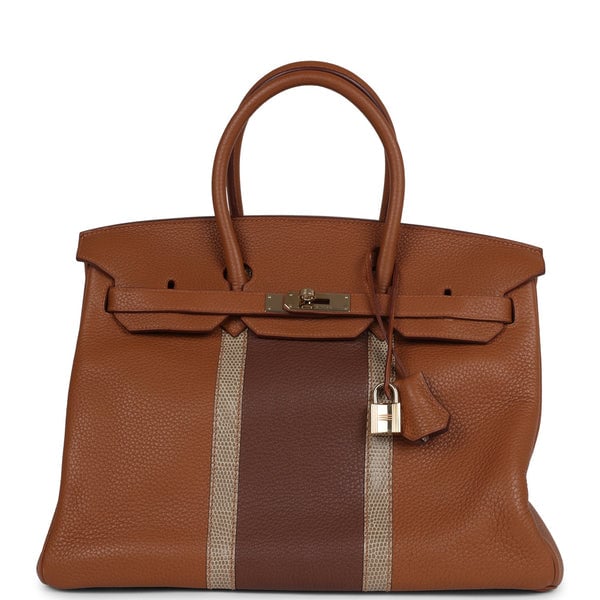 Hermes Pre-owned Hermes Birkin Club 35 Gold and Marron d'Inde Clemence and Ficelle Lizard Permabrass Hardware
