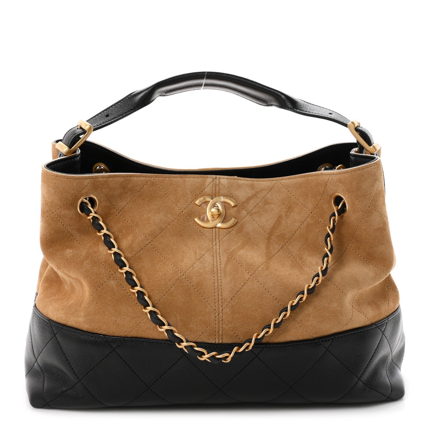Chanel Suede Calfskin Shiny Lambskin Quilted Small Coco Base Shopping Bag Beige Black