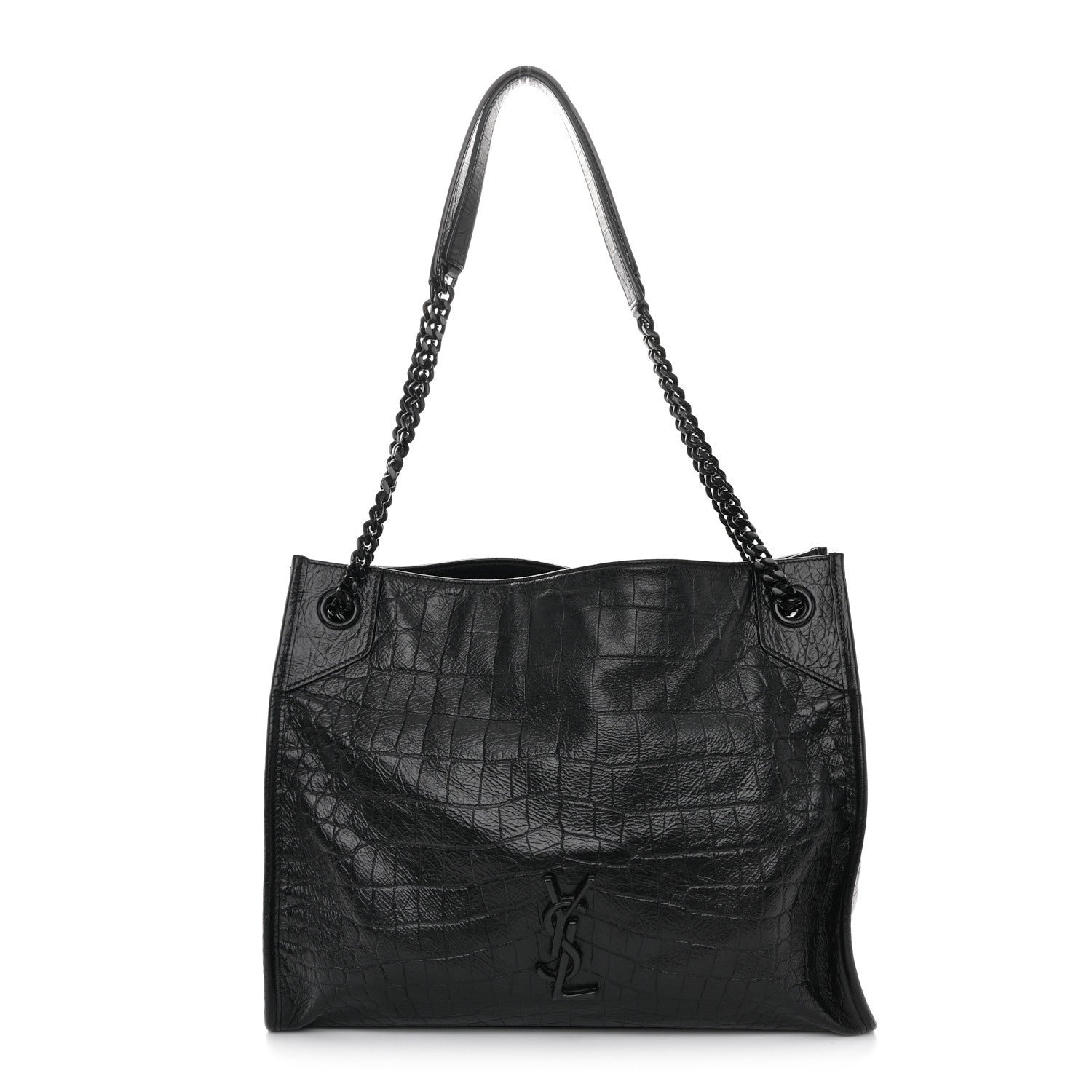 Saint Laurent Calfskin Crocodile Embossed Monogram Medium Niki Shopping Bag Black