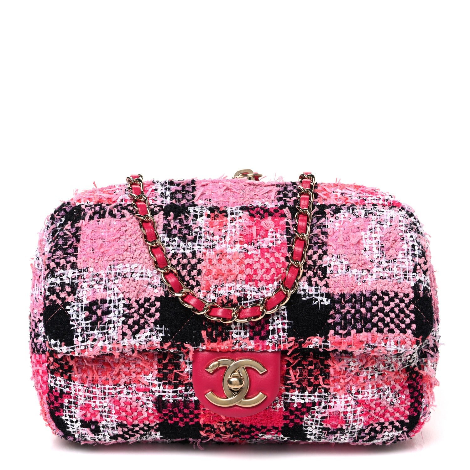Chanel Tweed Sequins CC Logo Coco Beach Convertible Flap Tote Pink Multicolor