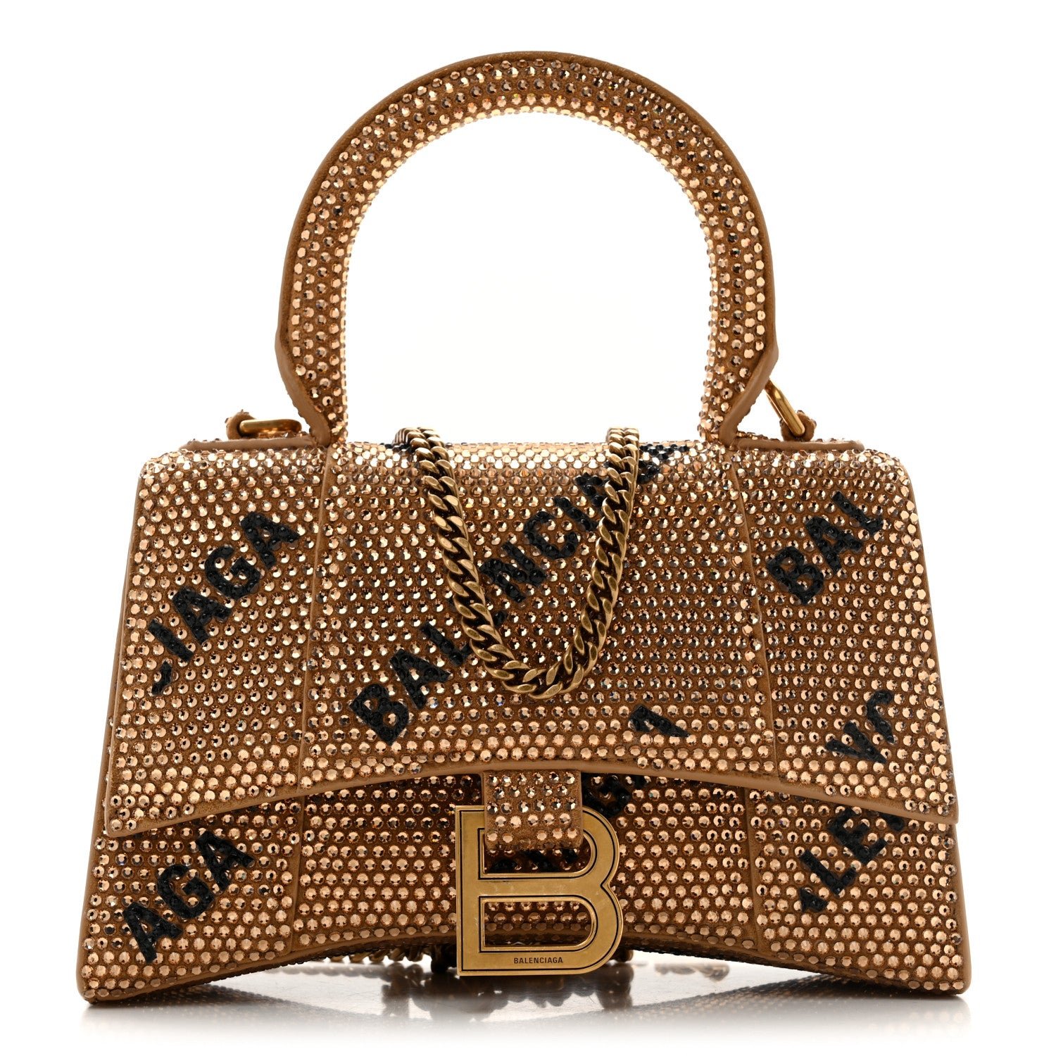 Balenciaga Strass Suede Allover Logo Hourglass Top Handle Bag XS with Chain Gold Black