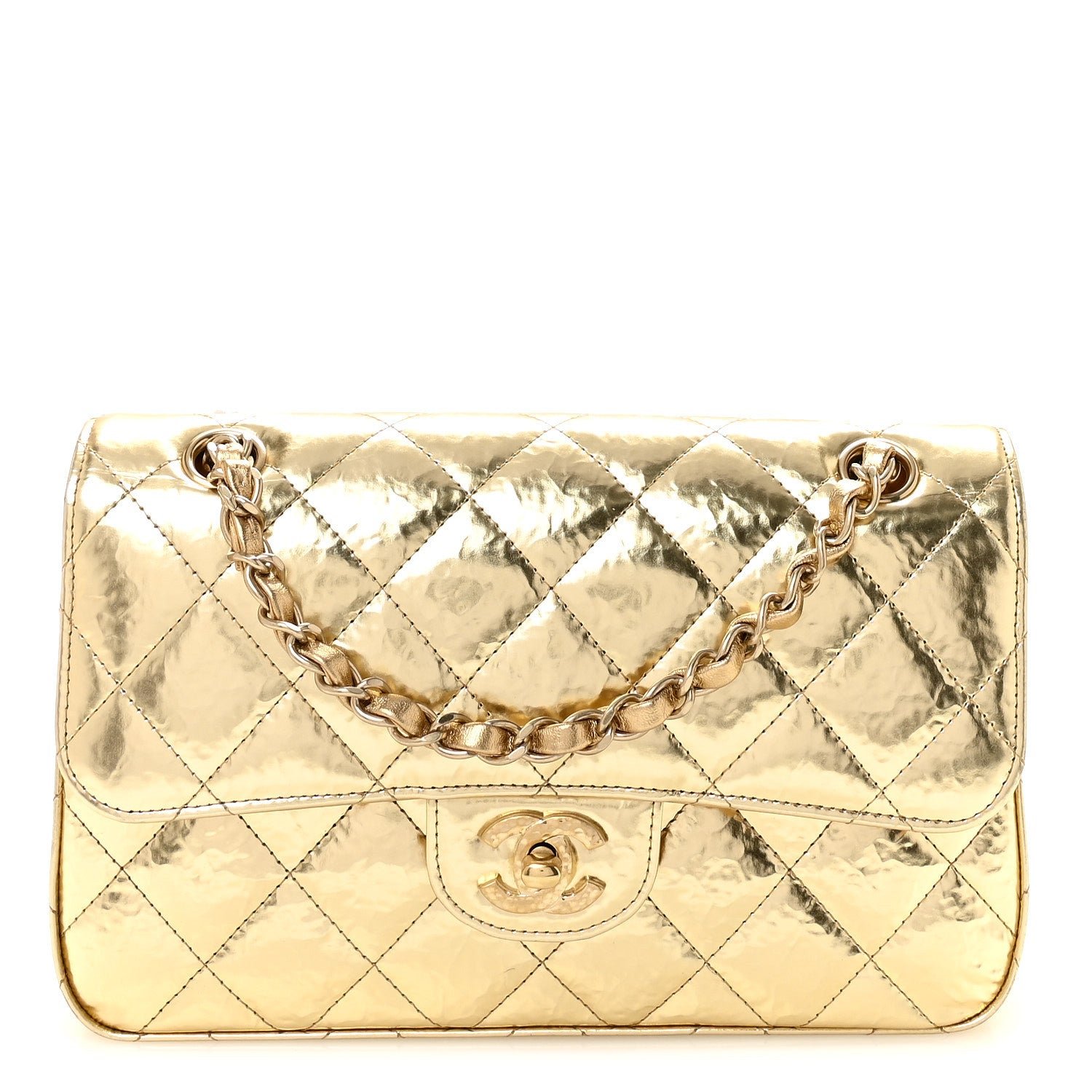 Chanel Hammered Metallic Calfskin Quilted Small Double Flap Gold