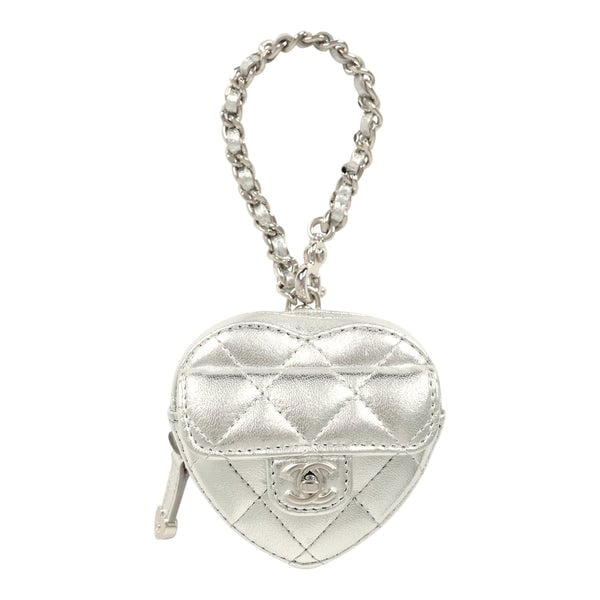 Chanel CC In Love Mini Heart Bag Charm Silver Metallic Lambskin Silver Hardware