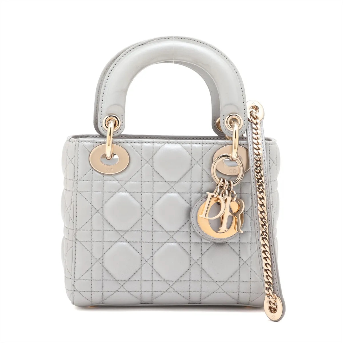 Christian Dior Cannage Lady Dior Mini Leather 2 Way Handbag Silver