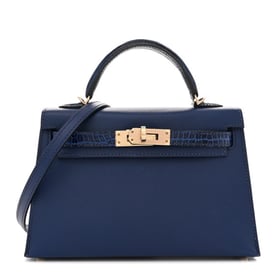 Hermes Madame Calfskin Shiny Alligator Mini Kelly Sellier Touch 20 Bleu Encre