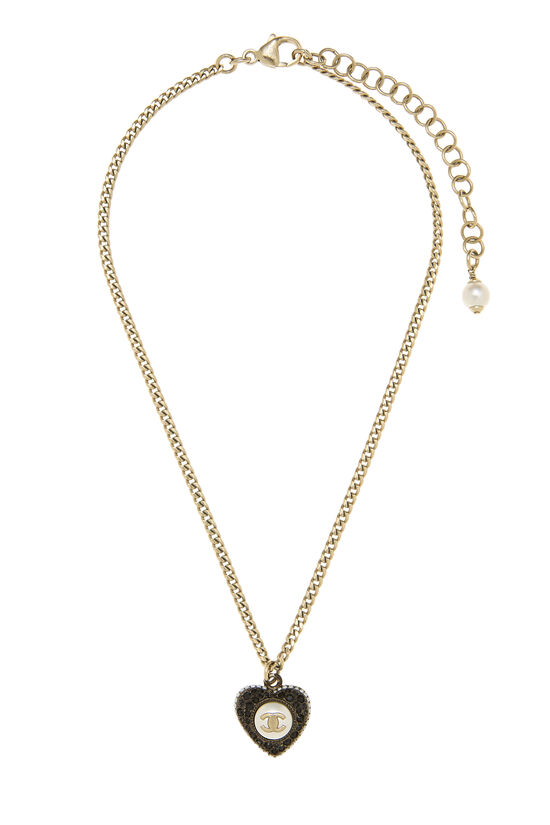 Chanel Black & Gold Crystal 'CC' Heart Pendant Necklace