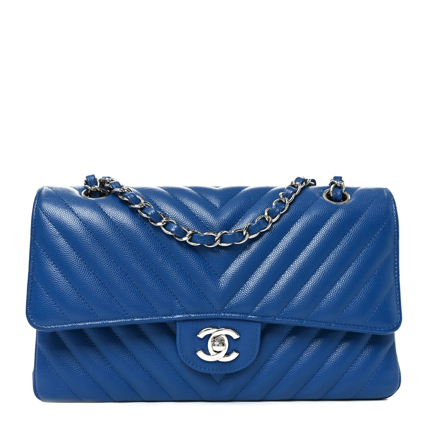 Chanel Caviar Chevron Quilted Medium Double Flap Blue
