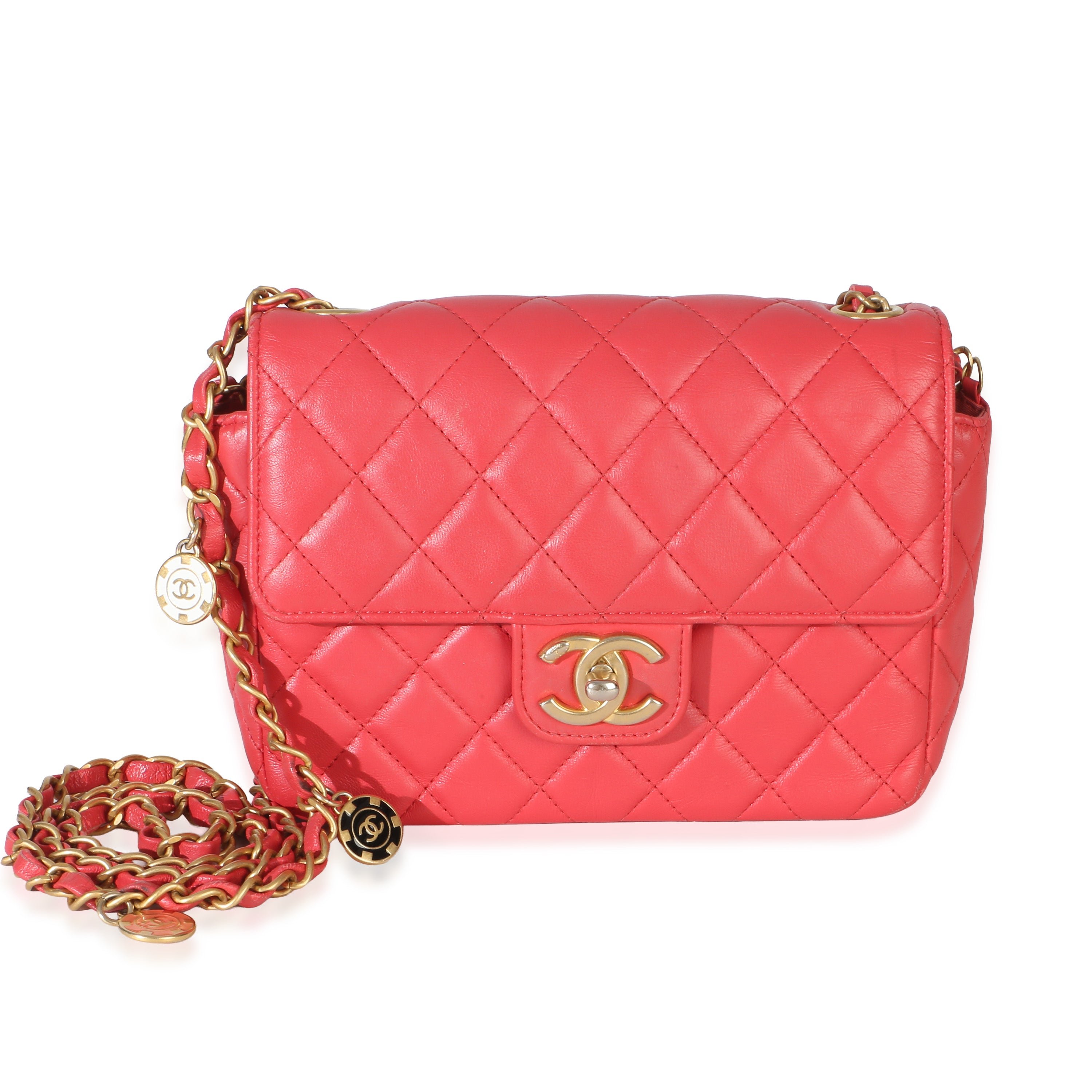 Red Quilted Lambskin Coco Pins Chain Mini Flap Bag