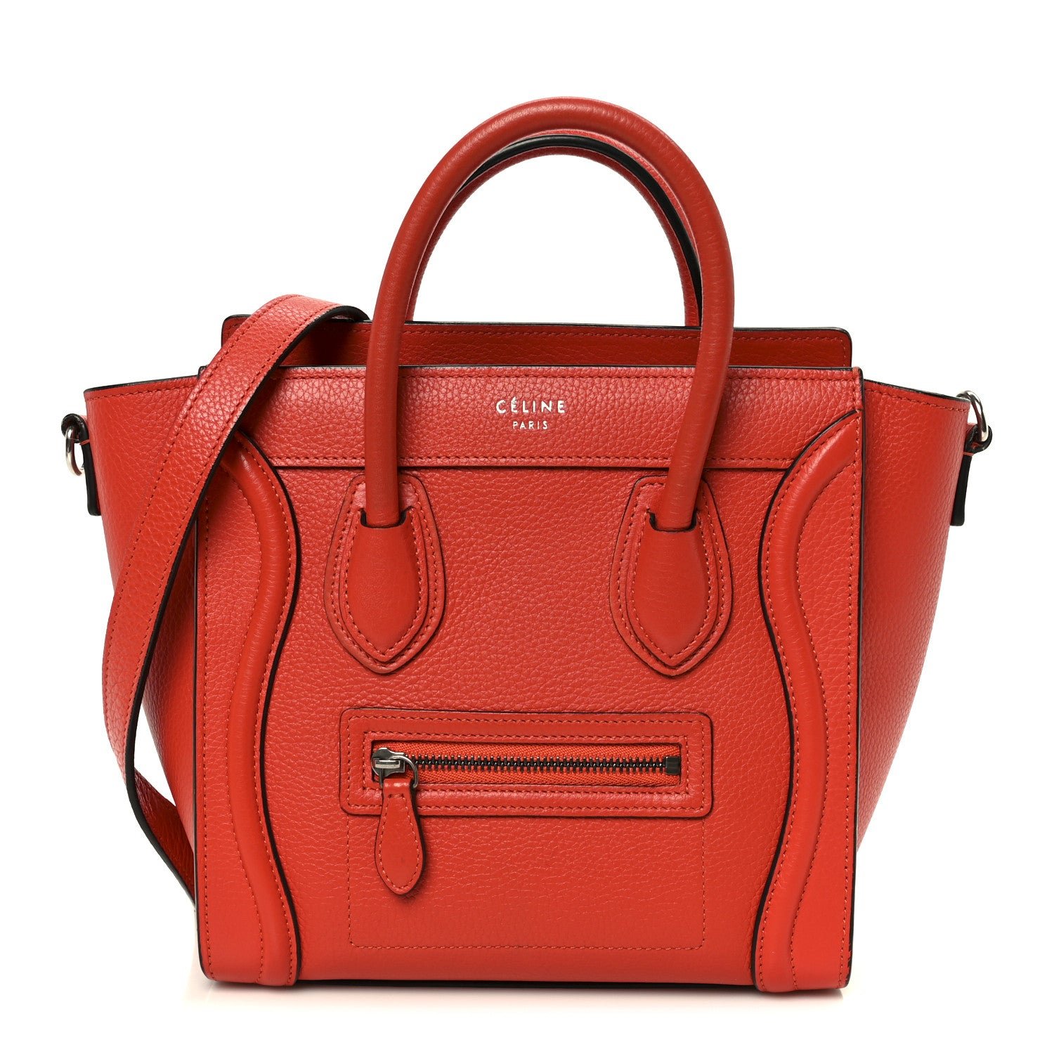 Celine Drummed Calfskin Nano Luggage Vermillion