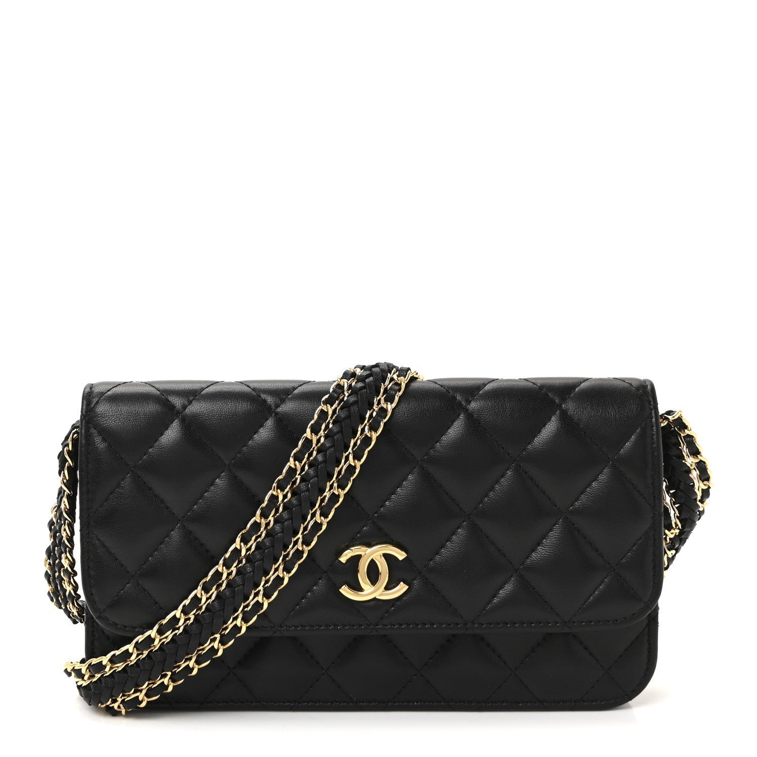 Chanel Lambskin Quilted Elegant Braid Clutch With Chain Black