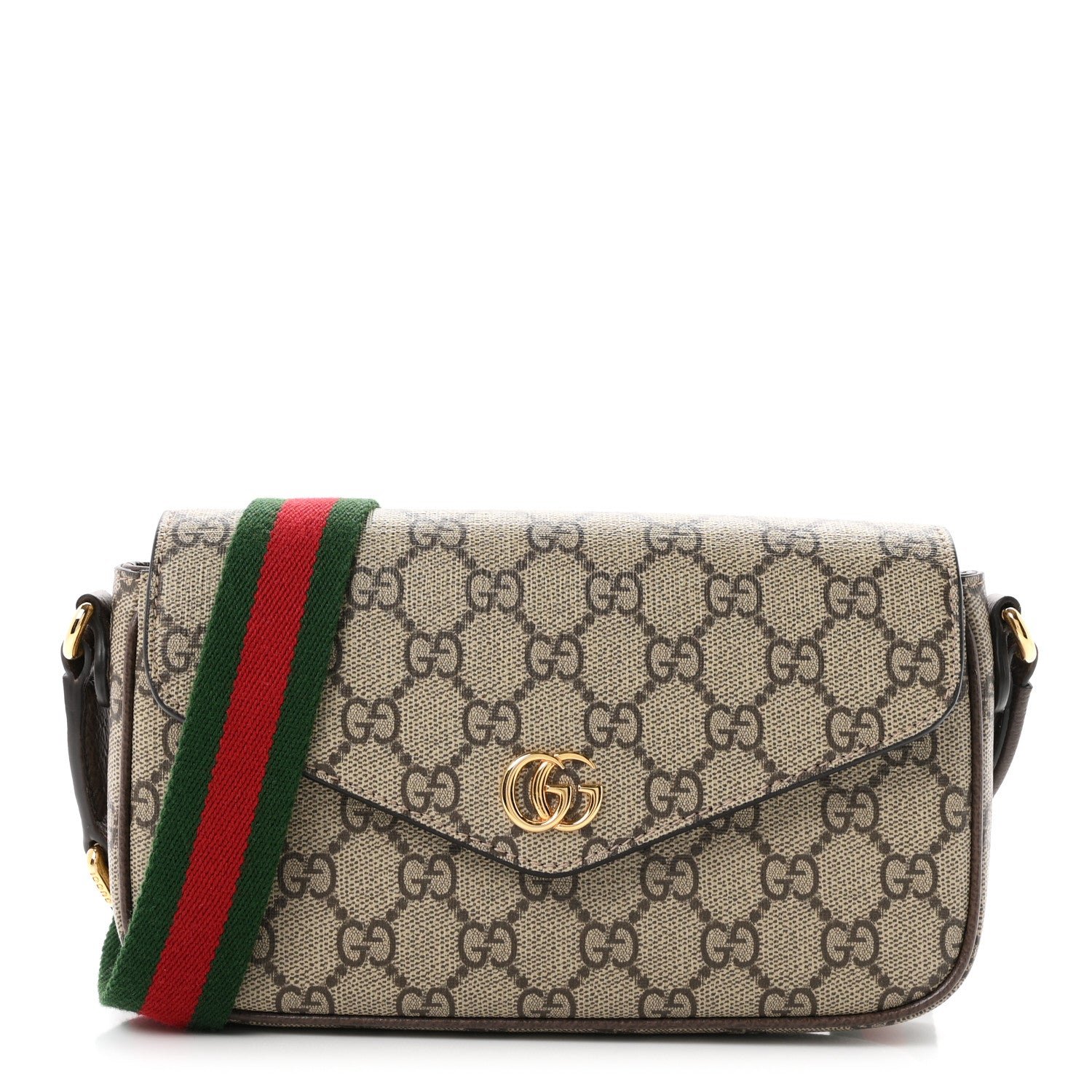 Gucci GG Supreme Monogram Textured Dollar Calfskin Web Mini Ophidia Envelope Shoulder Bag Beige Ebony