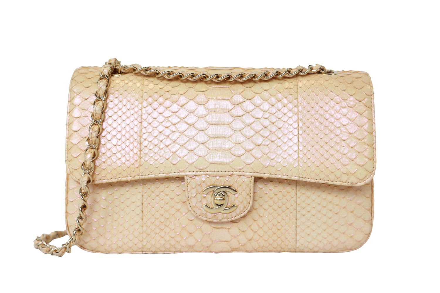 Chanel Chanel Classic Medium, Beige Dusty Pink Vintage Python Skin and Gold Hardware, Preowned in Dustbag WA001