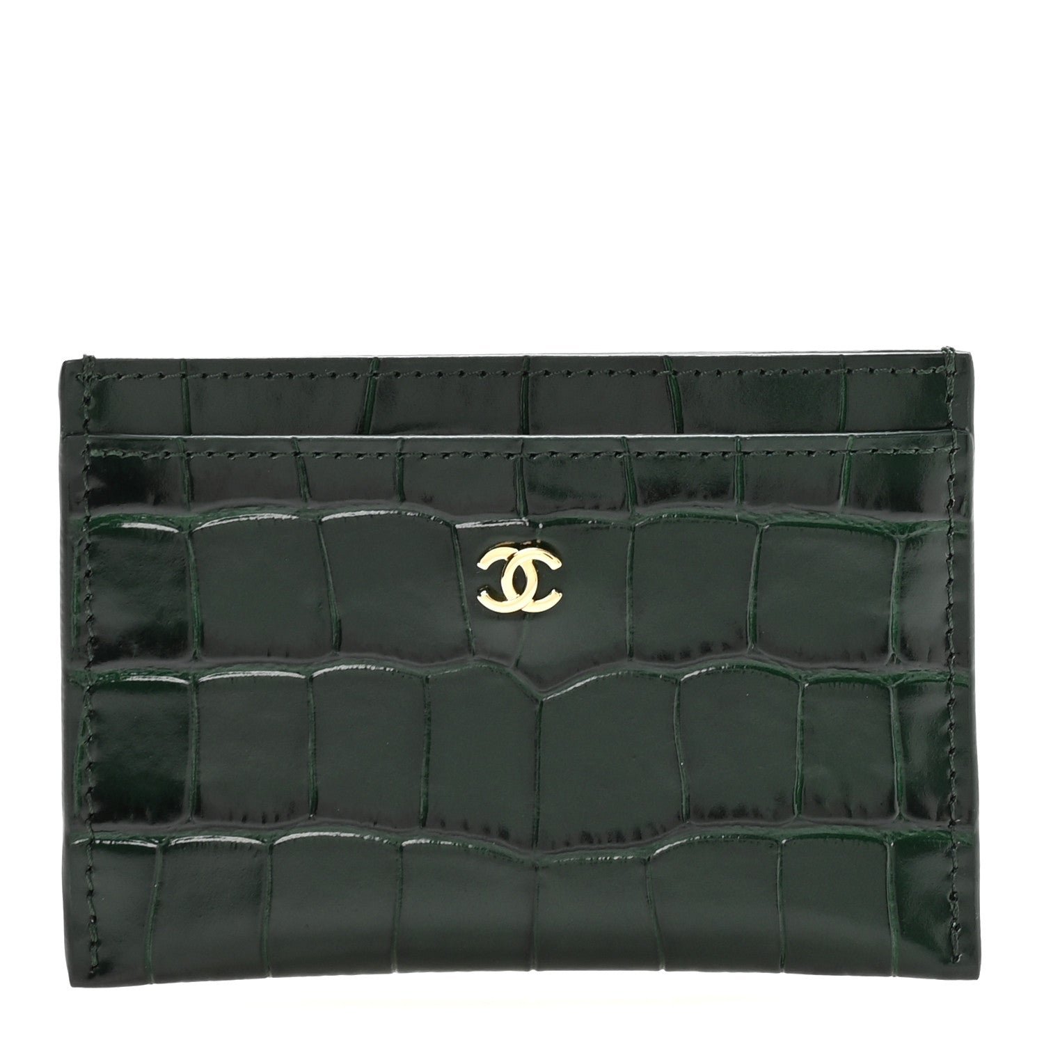 Chanel Calfskin Crocodile Embossed Crococo Card Holder Emerald