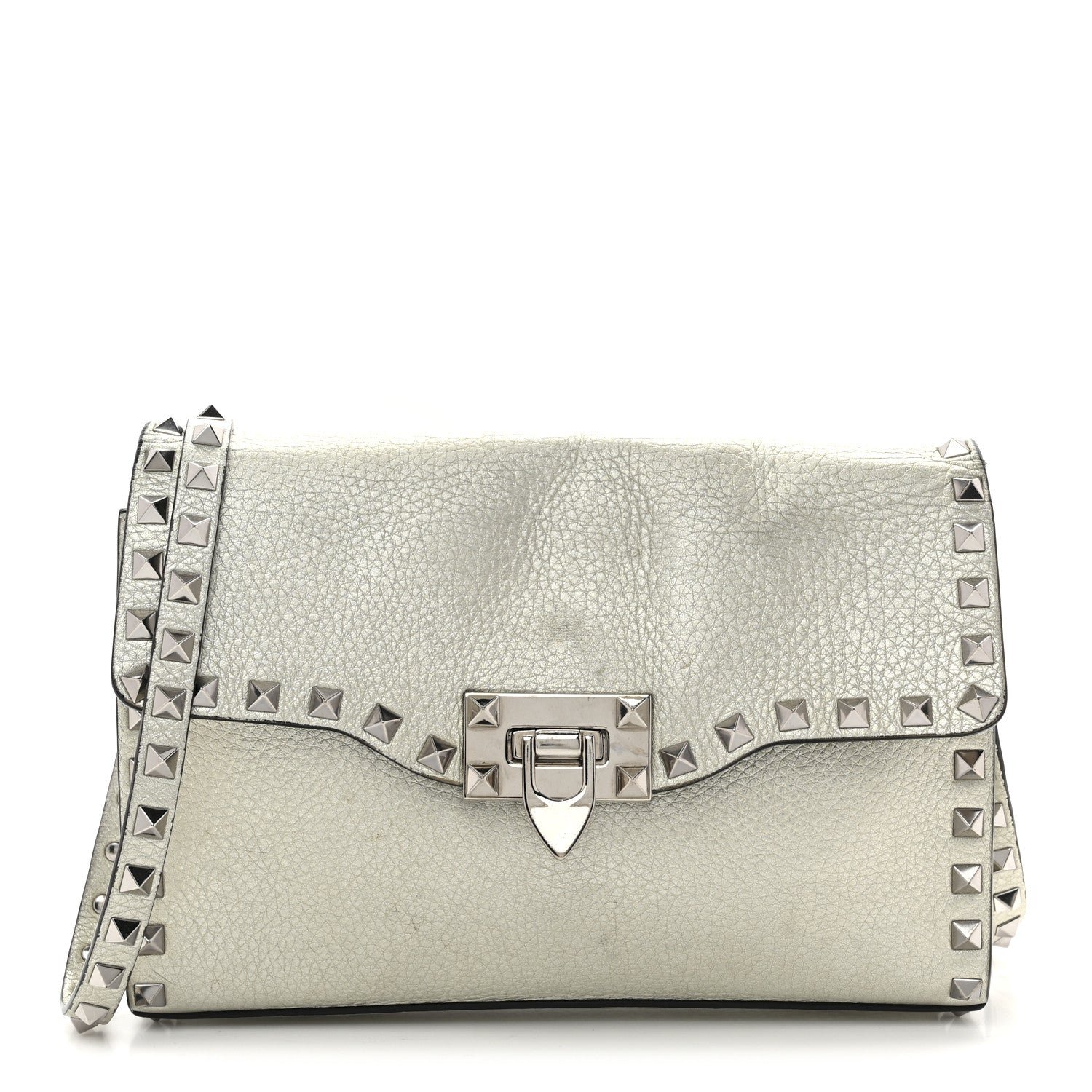 Valentino Garavani Metallic Pebbled Calfskin Medium Rockstud Flip Lock Crossbody Bag Silver
