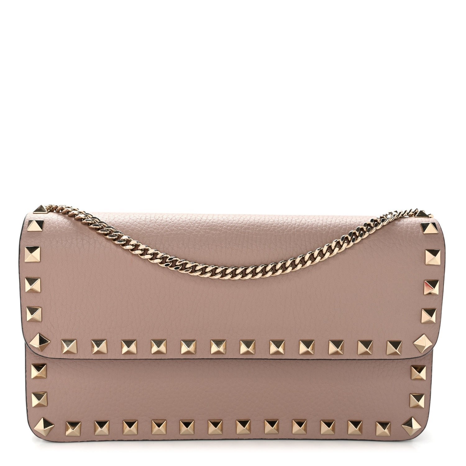 Valentino Garavani Valentino Garavani Pebbled Calfskin Rockstud Flap Wallet On Chain Poudre