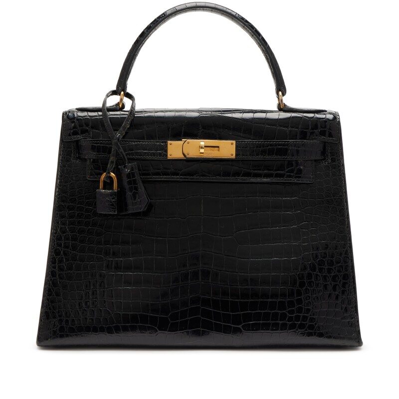 Hermes Vintage Black Shiny Crocodile Kelly 28 Gold Hardware, 1975