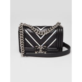 Chanel Black/Silver Lambskin Leather and Iridescent PVC Chevron Quilted Small Boy Bag