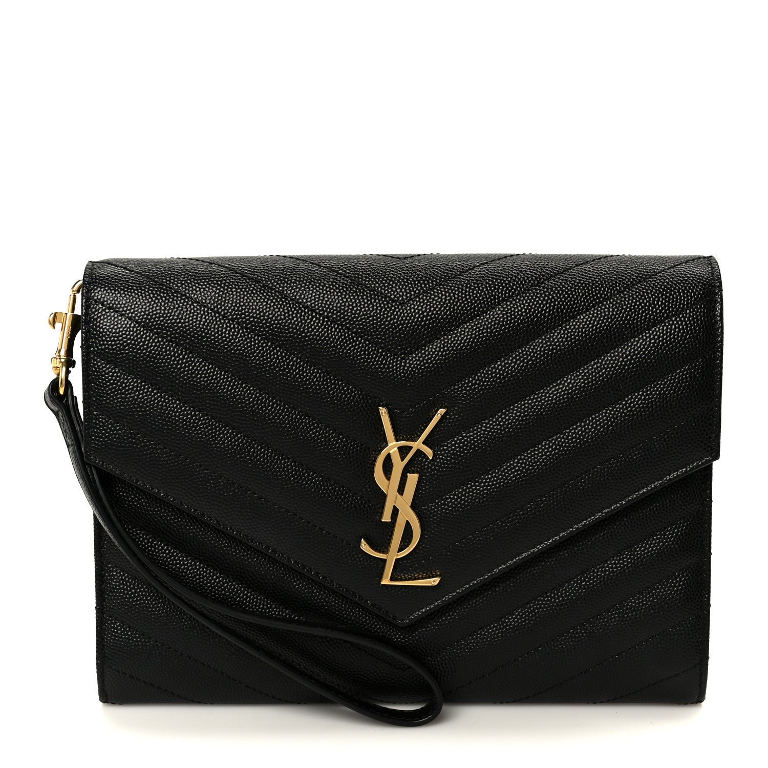 Saint Laurent Saint Laurent Grain De Poudre Matelasse Chevron Monogram Cassandre Flap Pouch Black