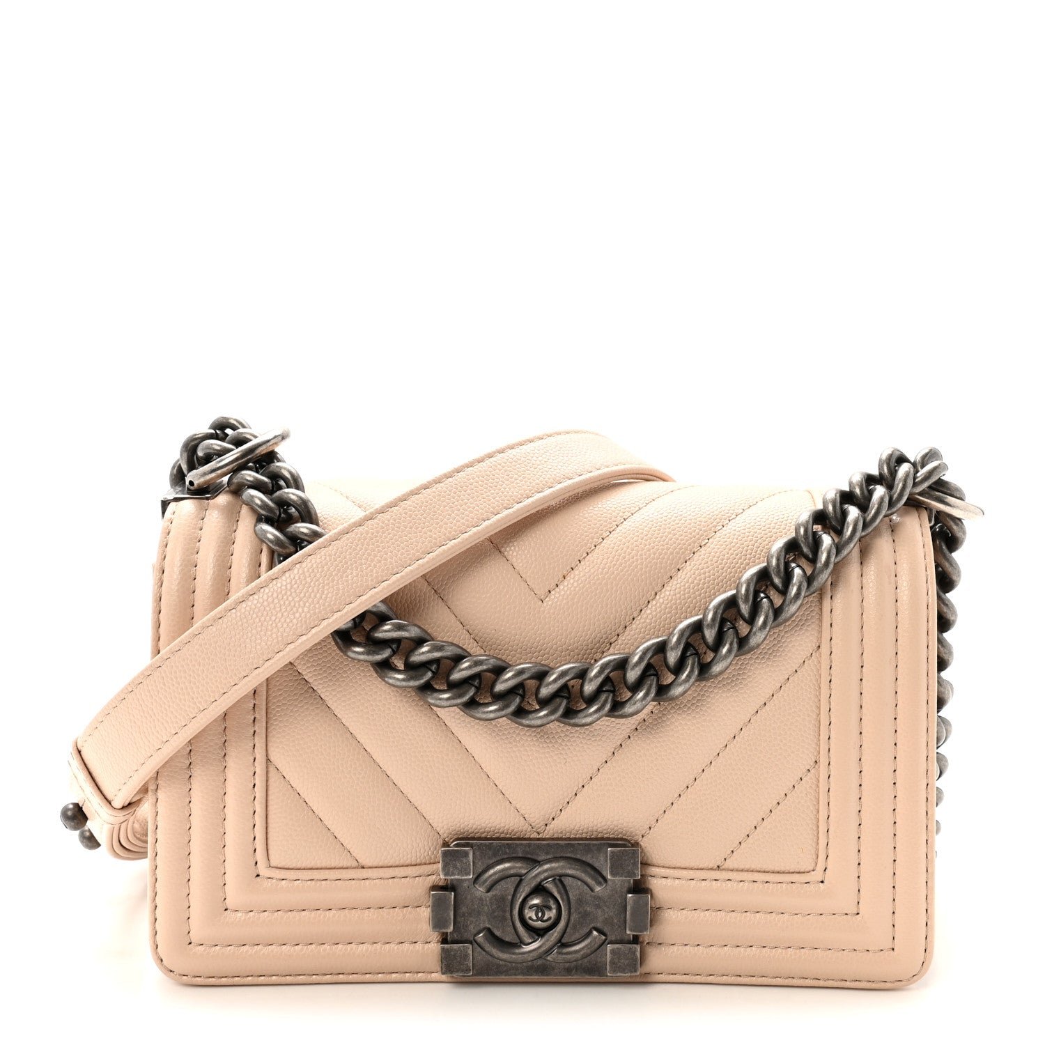 Chanel Caviar Chevron Quilted Small Boy Flap Light Beige