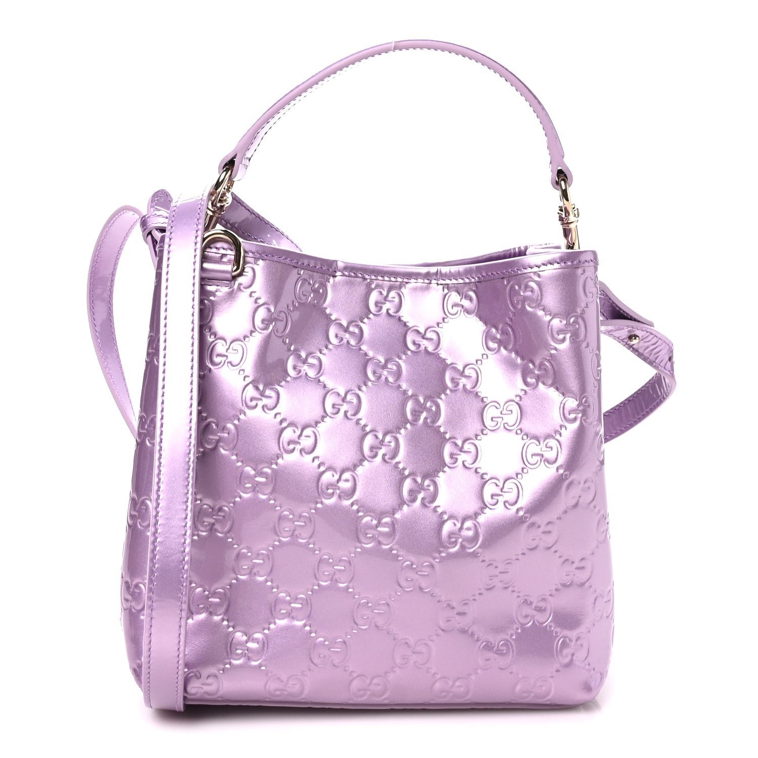 Gucci Patent GG Emblem Small Bucket Bag Purple