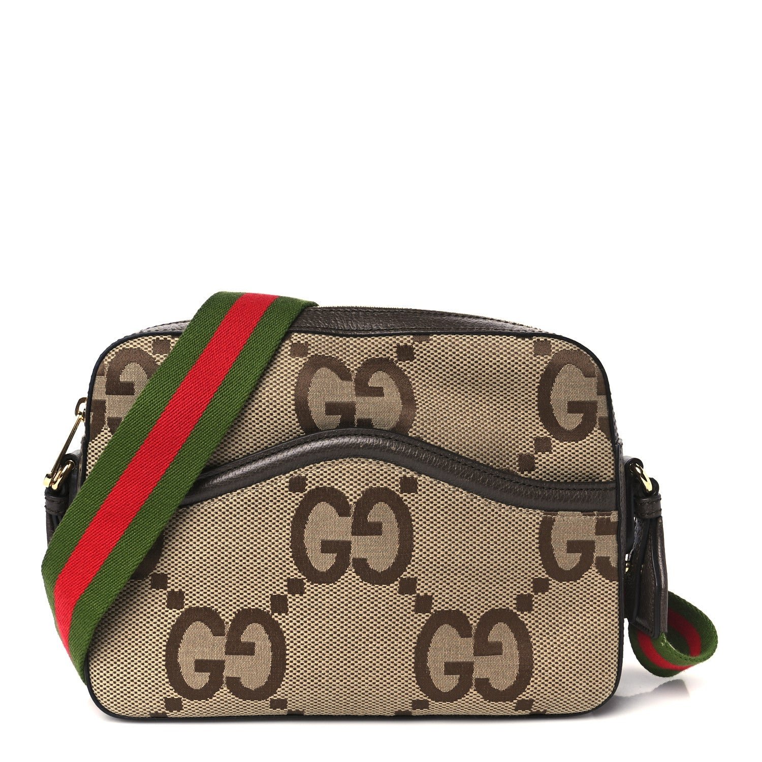 Gucci Monogram Jumbo GG Textured Dollar Calfskin Web Messenger Shoulder Bag Camel Ebony New Acero