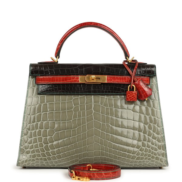 Hermes Pre-owned Hermes Special Order (HSS) Kelly Sellier 32 Graphite, Gris Tourterelle and Geranium Shiny Niloticus Crocodile Brushed Gold Hardware