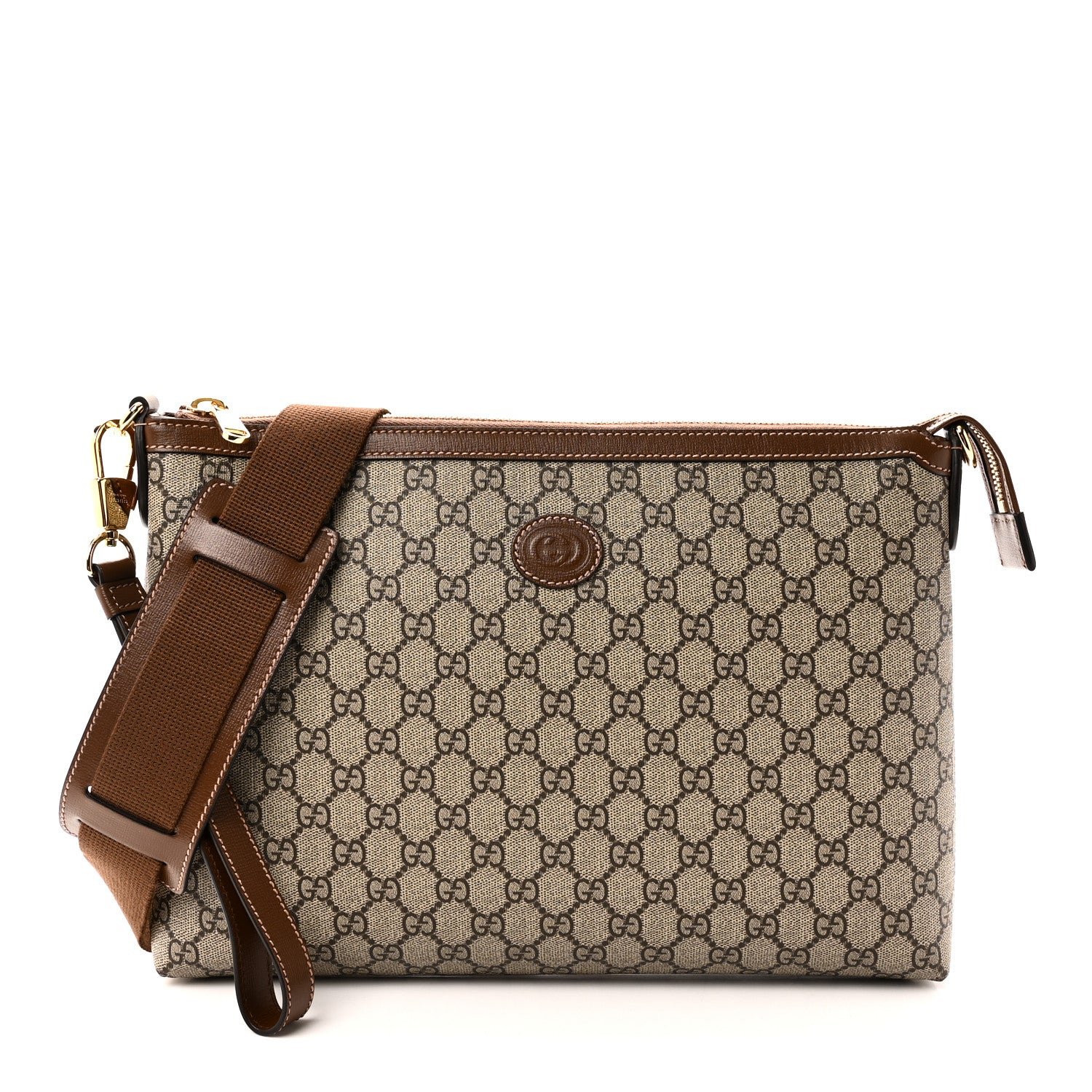 Gucci GG Supreme Monogram Azalea Calfskin Retro Interlocking G Wristlet Messenger Bag Beige Ebony Brown Sugar