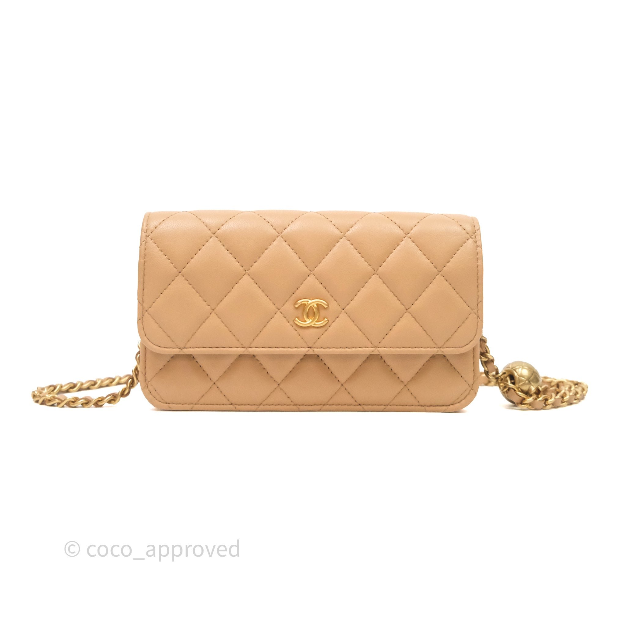Chanel Pearl Crush Mini WOC Phone Holder Beige Lambskin Aged Gold Hardware 23K