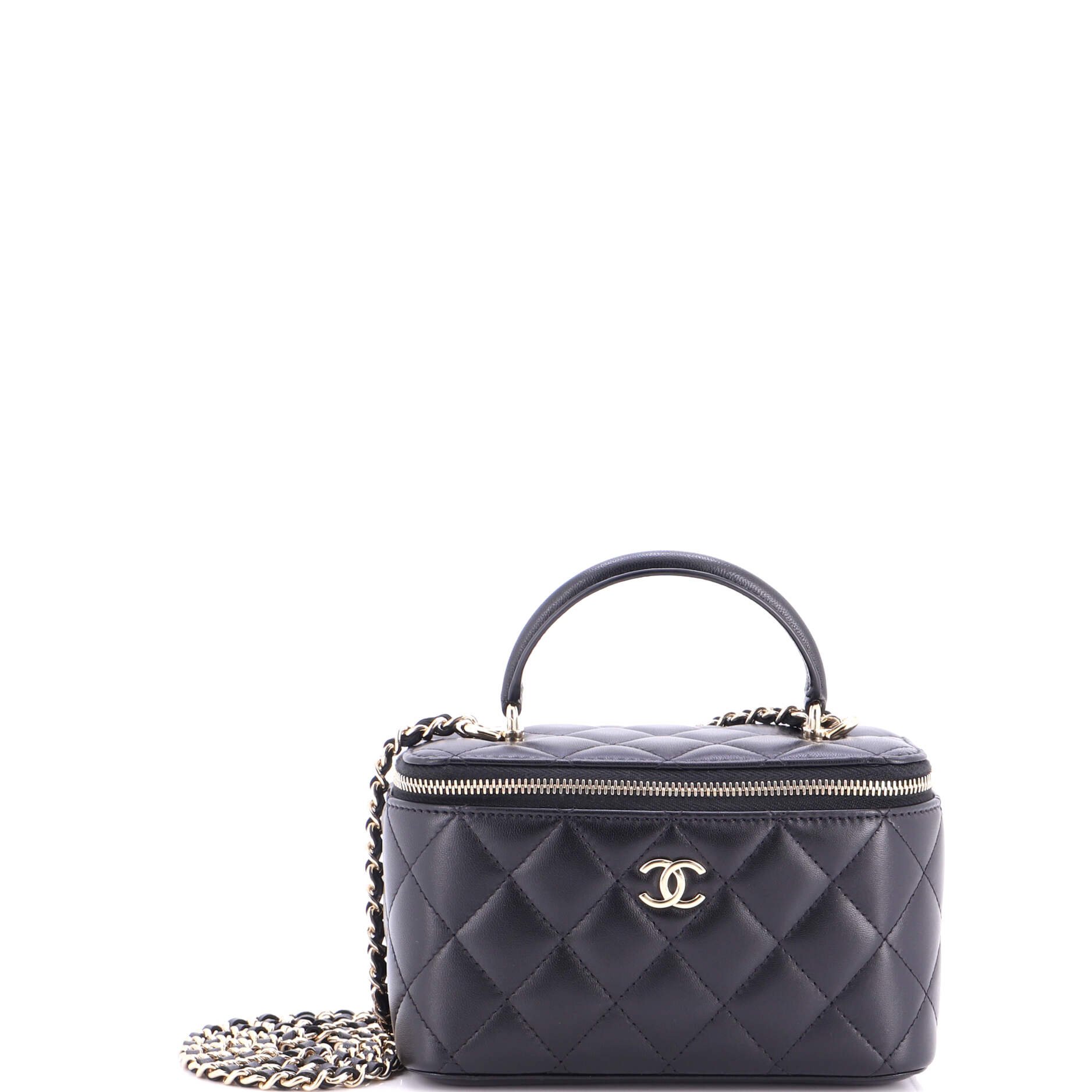 Classic Top Handle Vanity Case with Chain Quilted Lambskin Small