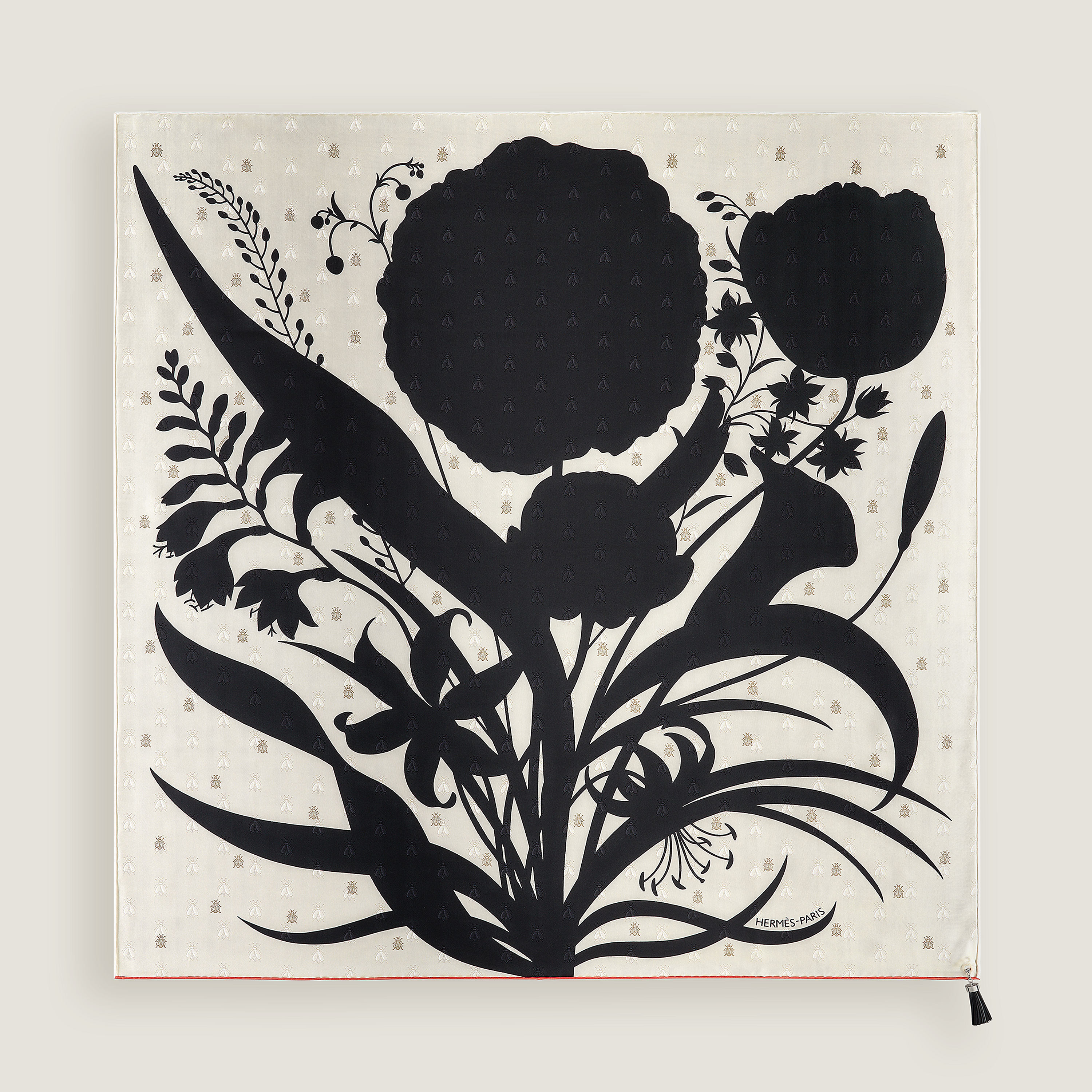 Hermès Bouquet Final leather tassel scarf 90 Crème/Noir/Vermillon