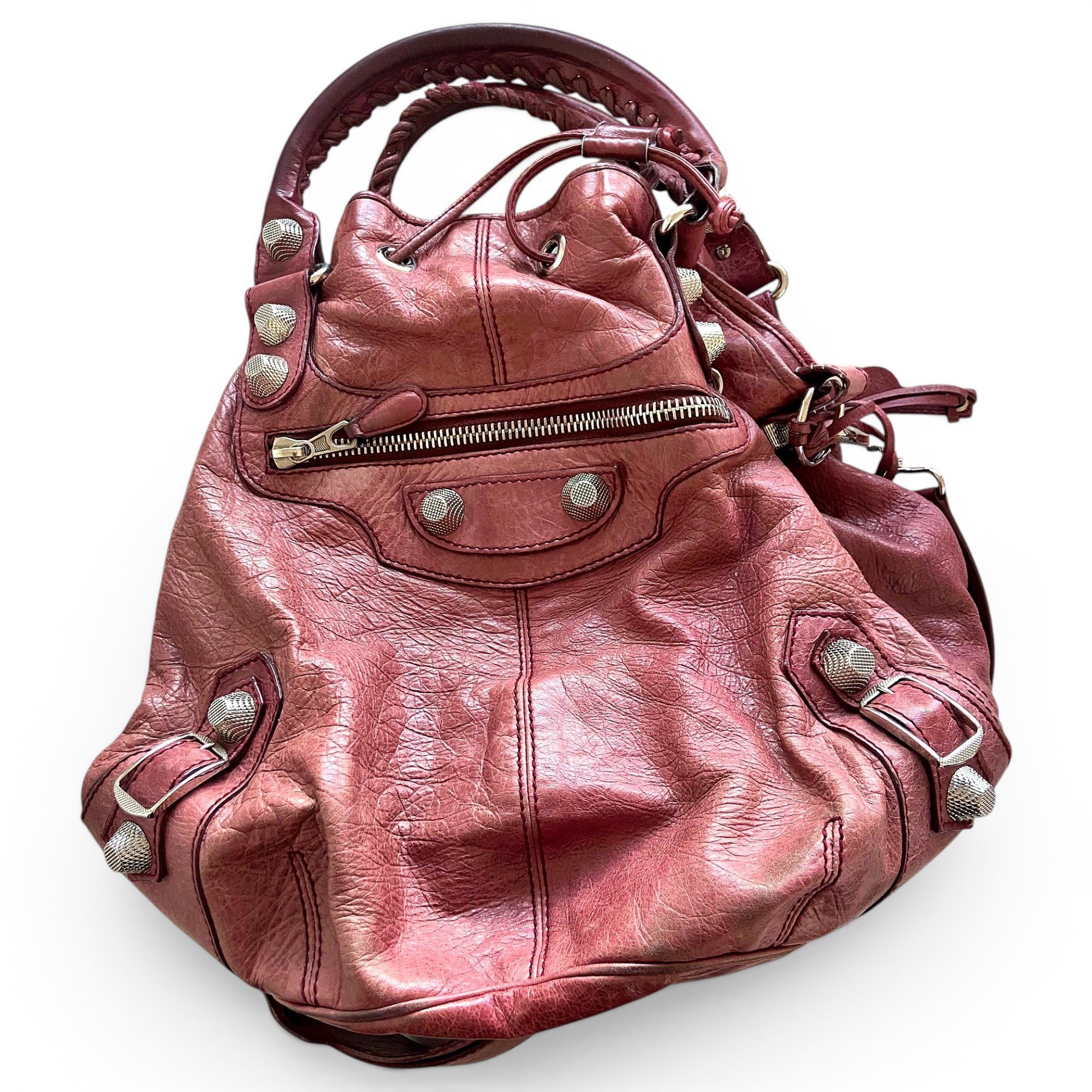 Pompon leather handbag