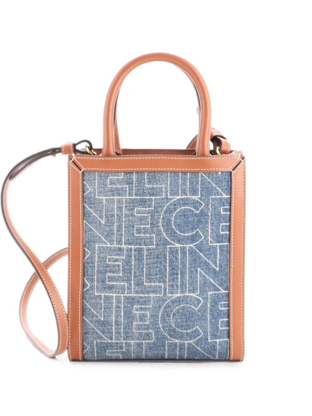 Vertical Cabas Printed Denim with Leather Mini tote bag