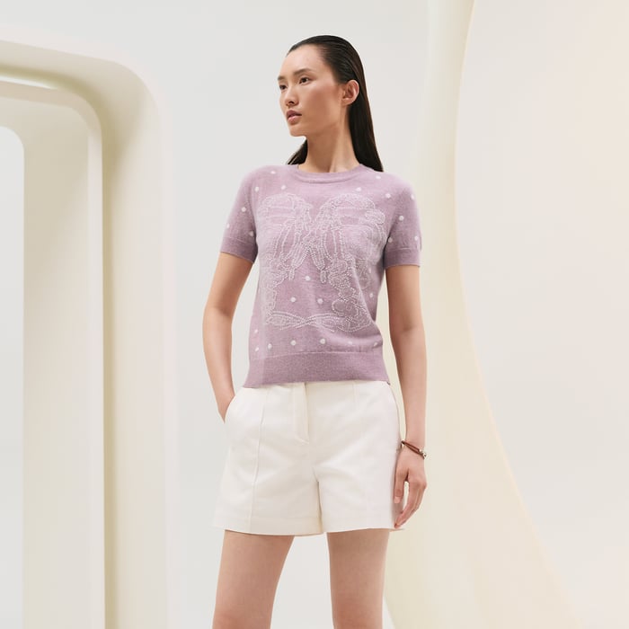 Rose Pâle "Brides De Gala" Embroidered Short-sleeve Sweater