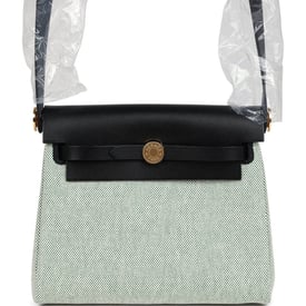 Hermes Hermes Herbag Zip 20 Mini Ecru and Vert Moyen Toile H Canvas and Black Vache Hunter Gold Hardware