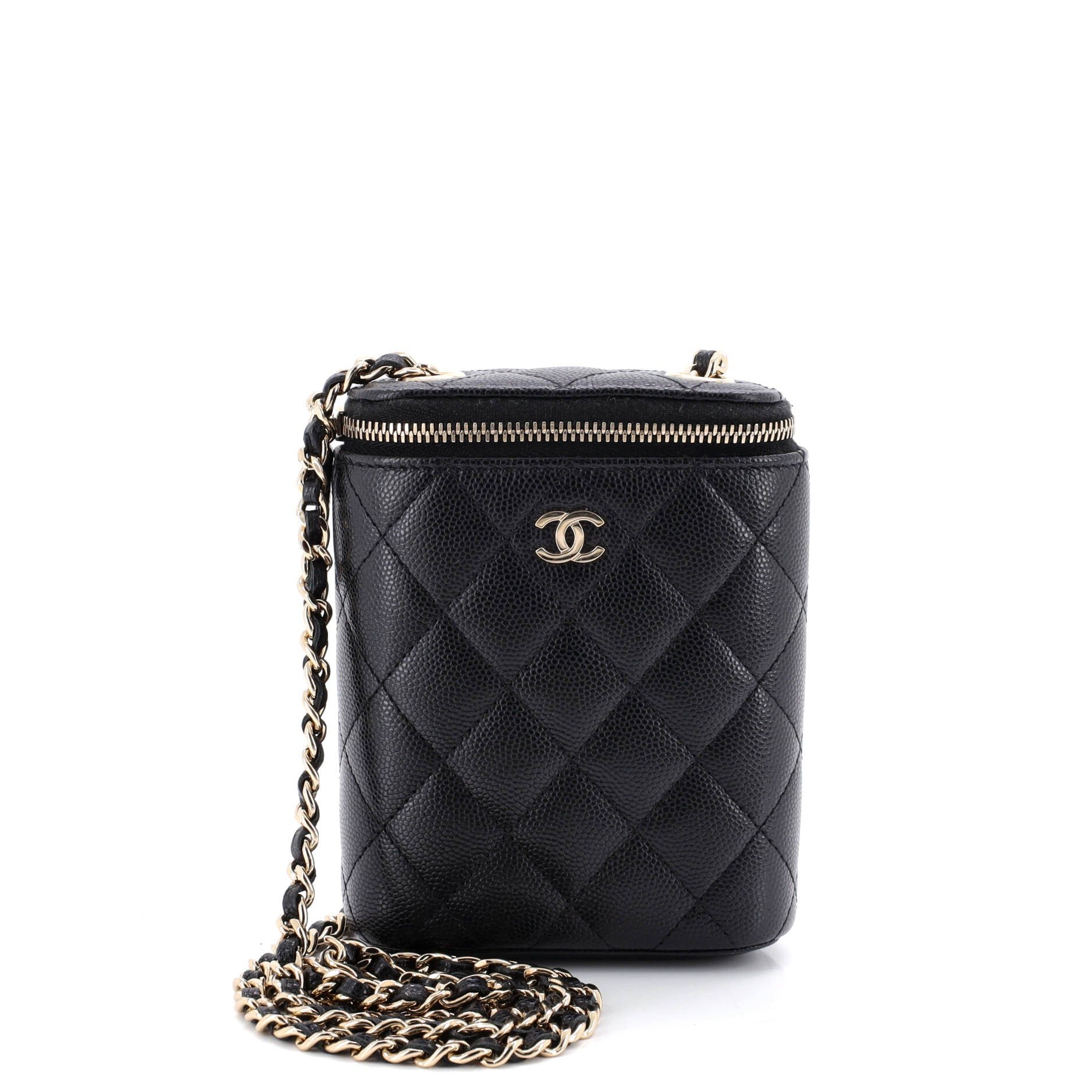 Vertical Classic Vanity Case with Chain Quilted Caviar Small